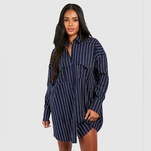 Navy Pinstripe Button-Up Boho Shirt Dress